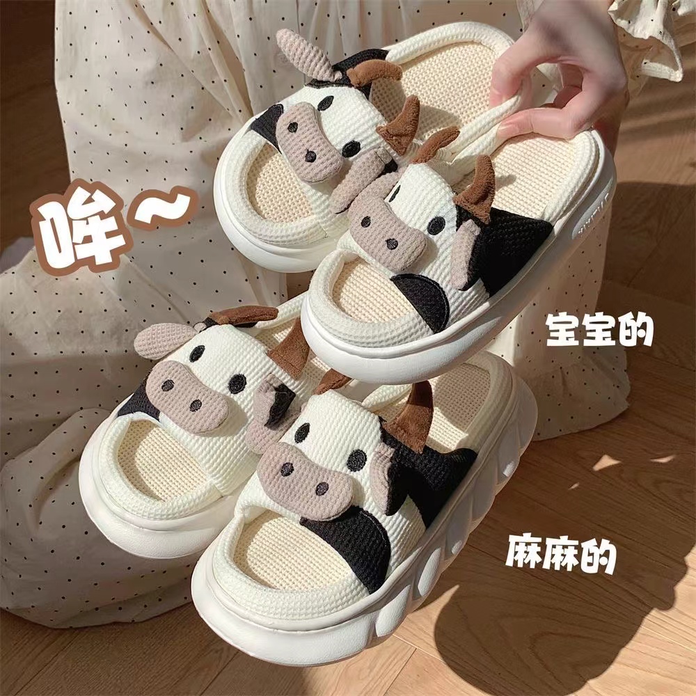 可爱小奶牛凉拖居家静音吸汗透气防滑棉麻拖