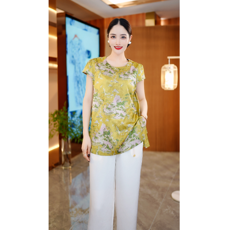 香云纱真丝上衣女短袖2025夏季新款国风新中式桑蚕丝洋气小衫