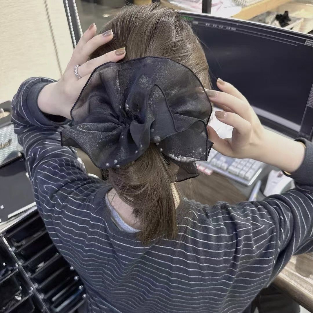 E4389 珍珠满天星超大号发饰欧根纱大肠发圈高级盘发丸子头花头饰