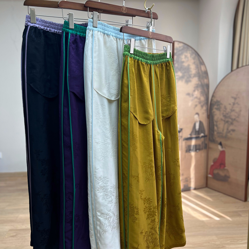 拉贝碧 纨绔公子 新中式重磅双宫皮子料 花鸟提花 2面穿 阔腿裤