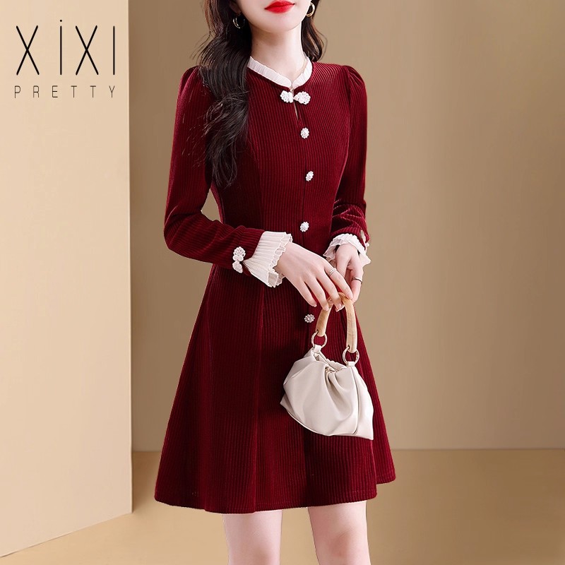 2025新中式改良中国风收腰修身长袖甜美减龄连衣裙女喜庆婚礼婆婆