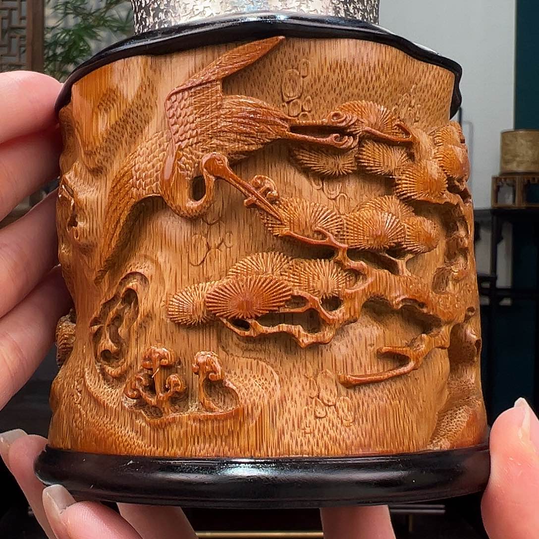 竹天***亮竹雕松鹤茶叶罐