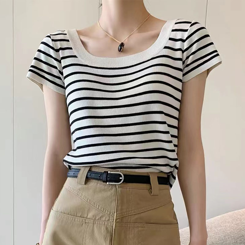 【莱赛尔天丝】~U领经典条纹针织短袖女亲肤细腻减龄显瘦打底衫1092