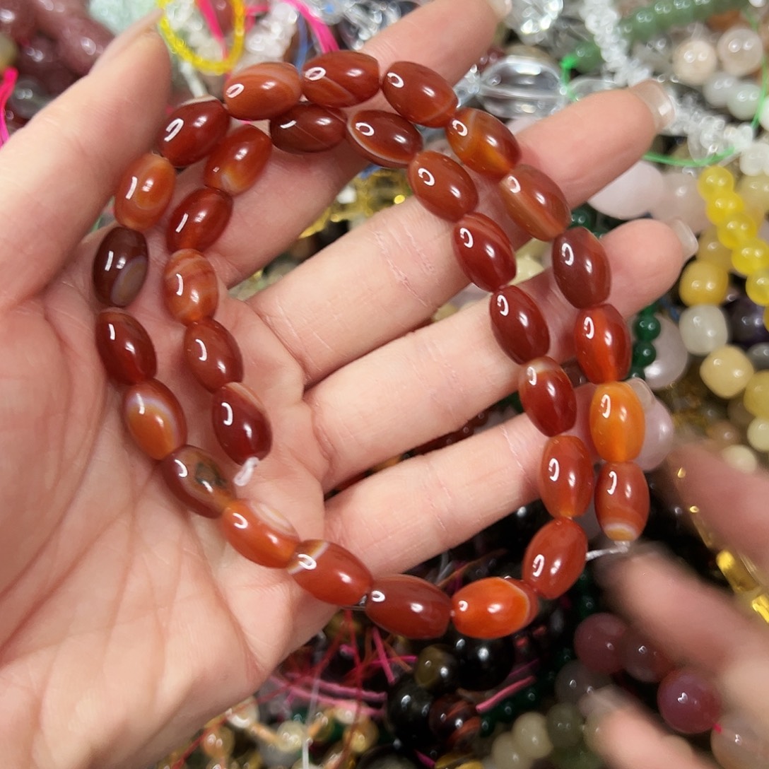 玛瑙/玉髓未镶嵌珠宝半成品，卡8x11玛瑙枣珠一条