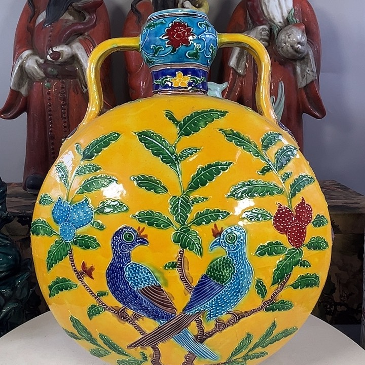 瓶珐华彩花鸟纹扁瓶摆件