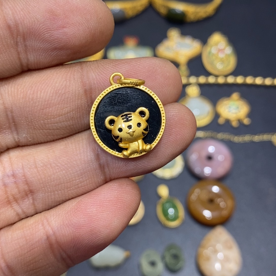 和田玉颈饰银S925镀金镶嵌