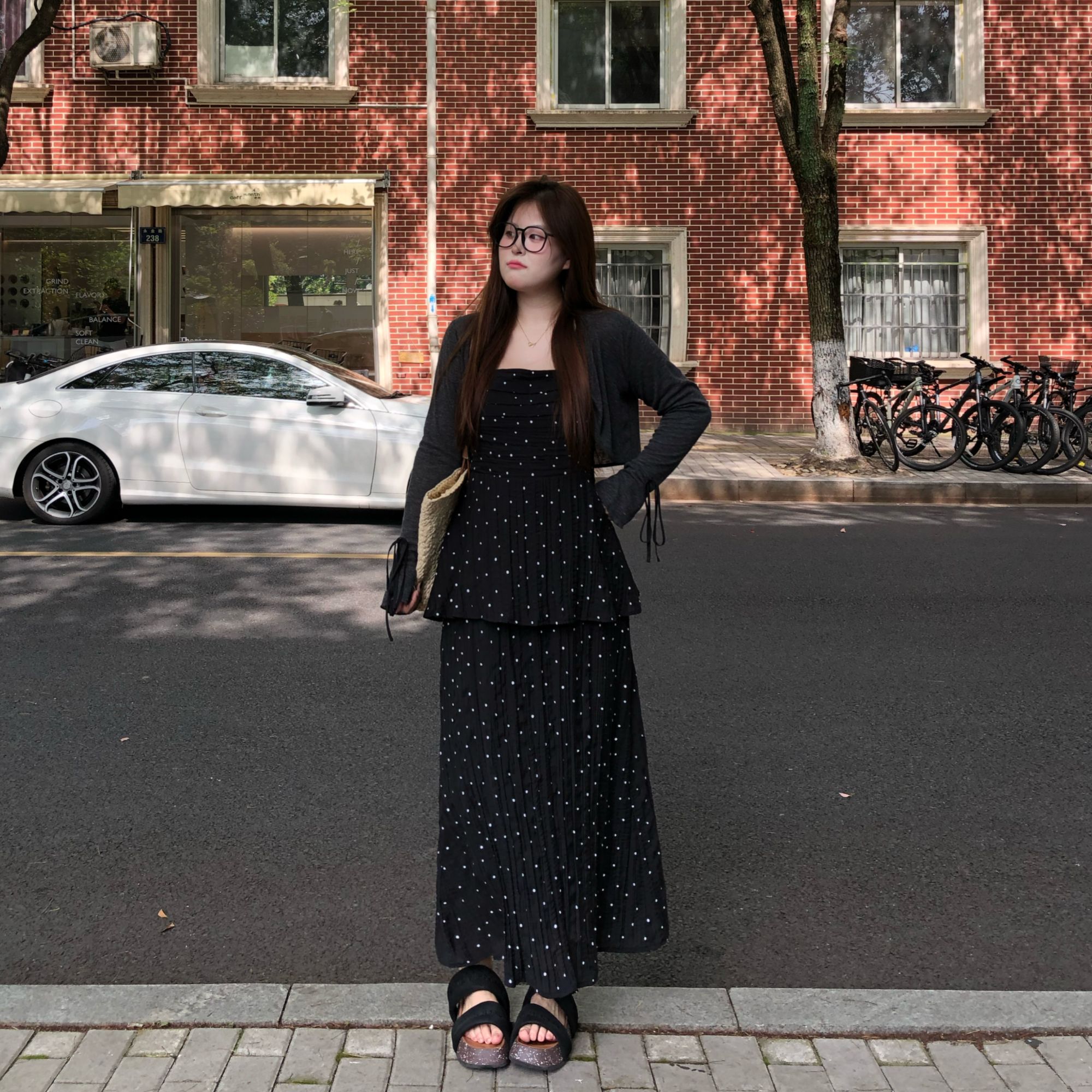 盈盈&南岛风大码女装假两件波点吊带连衣裙胖mm显瘦长裙子ZYY1710