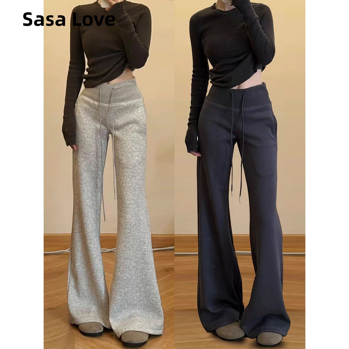 灰色美式微喇裤女秋季2025新款高腰抽绳卫裤小个子休闲喇叭运动裤