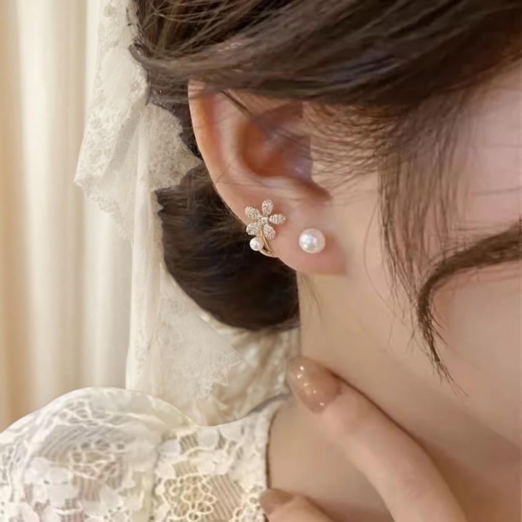 合金仿珍珠耳饰 花朵设计感两戴耳环女2025年新款气质个性耳钉女