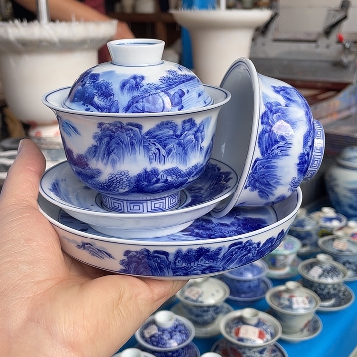 青花釉下彩盖碗杯子壶承