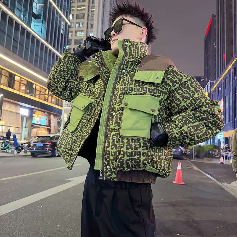 撞色拼接印花连帽棉服男款冬季2025新款潮牌保暖棉袄男装棉衣外套