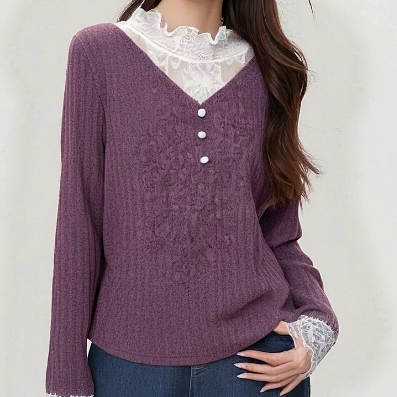 2025冬装新款胖mm大码女拼接蕾丝花边坑条加绒保暖针织上衣36505