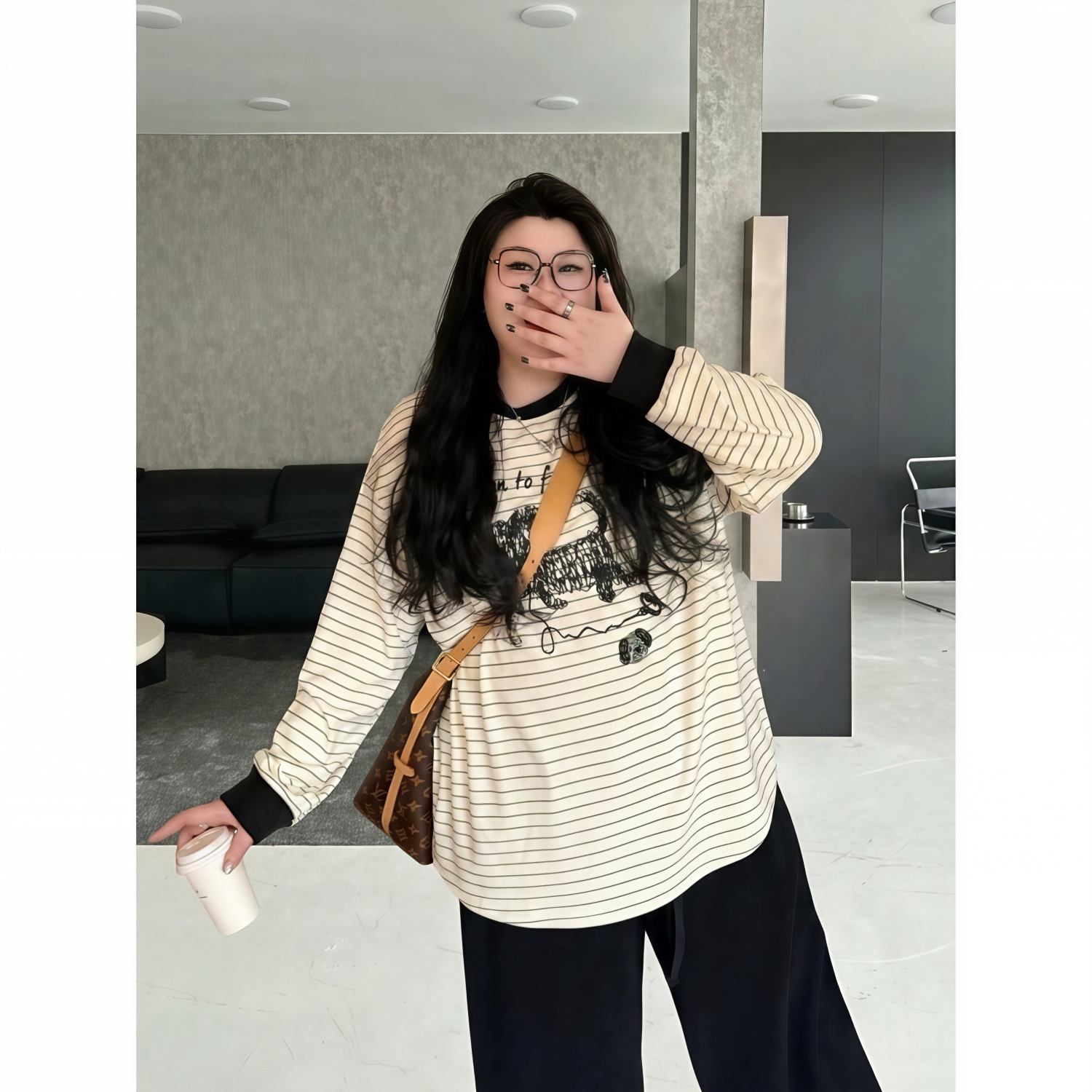 花契“首尔诗客”大码女装冬季百搭200斤胖mm韩系条纹T恤16669-X