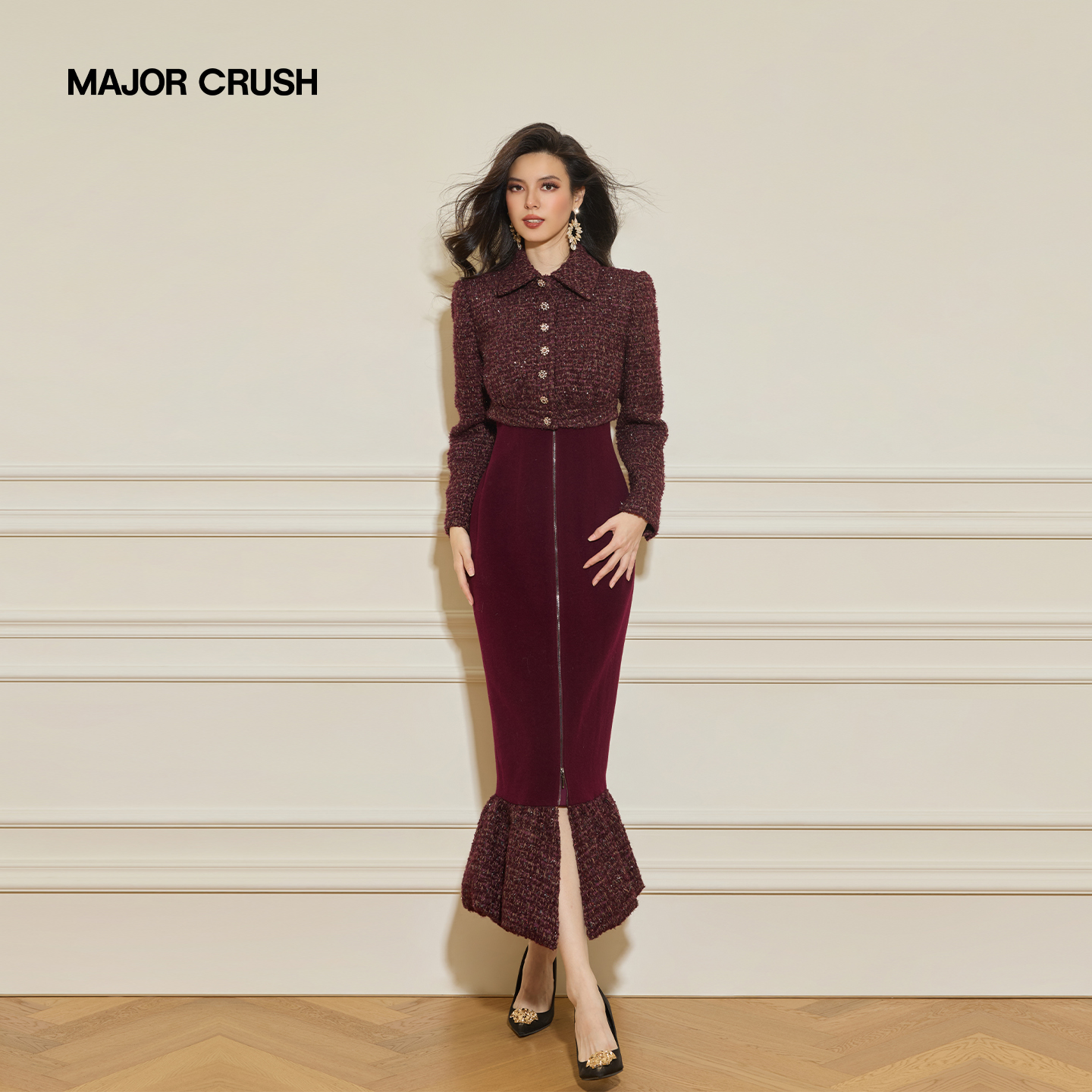 MAJOR CRUSH冬季新款优雅时尚设计师巴黎晚风套装复古粗花呢77879