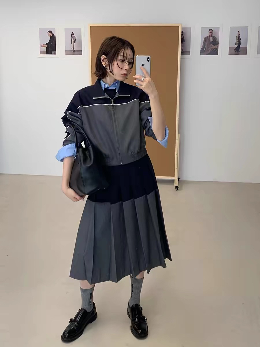 灰灰呀！2723 闺蜜装！复古风撞色拼接短外套+半裙两件套套装