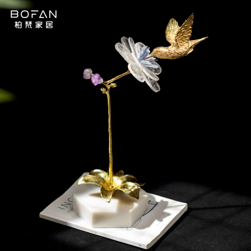 bofan/柏梵【花间栖羽】轻奢黄铜小鸟水晶花艺术摆件家居客厅装饰品