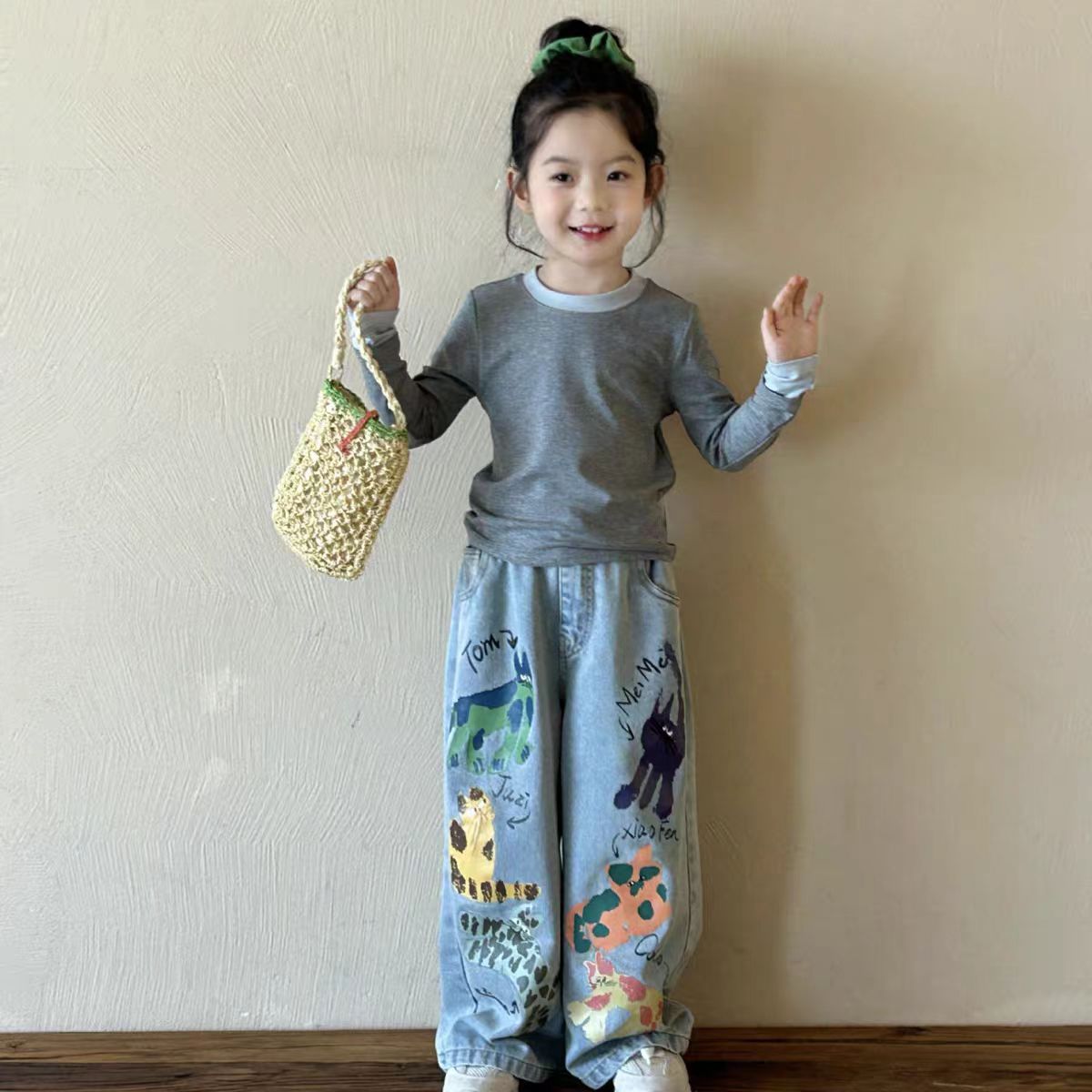 女童宽松牛仔裤春装2025新款洋气儿童套装宝宝春季阔腿长裤两件套