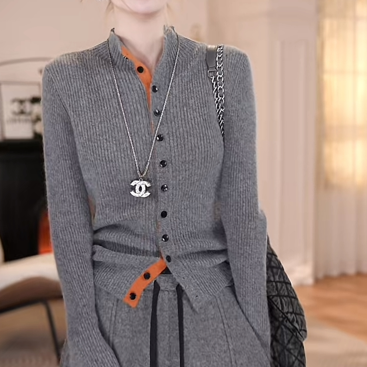 设计感撞色半高领针织开衫女秋冬新款时尚单排扣修身显瘦上衣