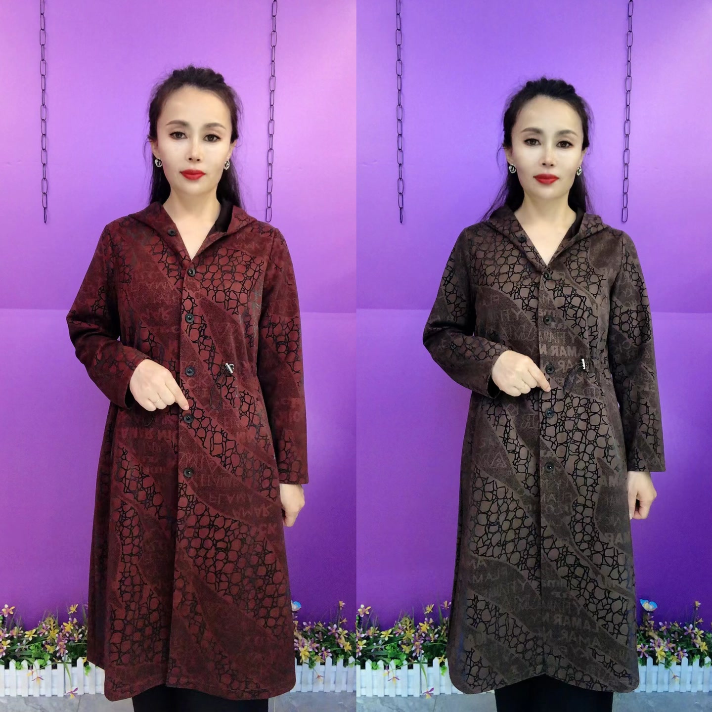  C913长款早秋抽腰时尚风衣蕾丝显瘦气质中长款修身印花妈妈装