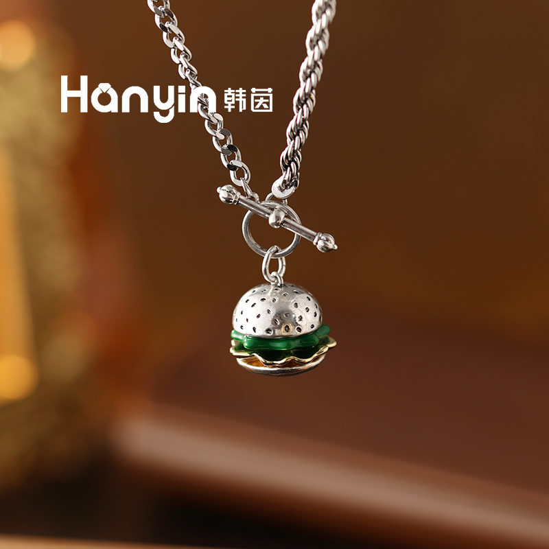 铜合金项链 立体汉堡吊坠加粗麻花链时尚气质百搭项链