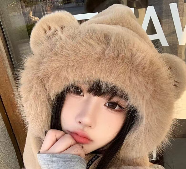 毛绒可爱双层加厚笑脸小熊帽子围巾手套三合一