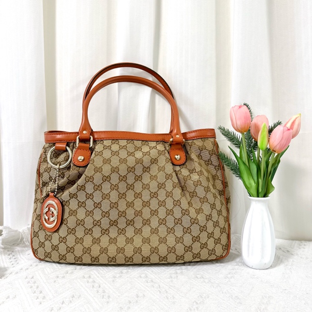 95新 GUCCI/古驰 经典女士双G帆布拼皮手提包 38*10*26cm