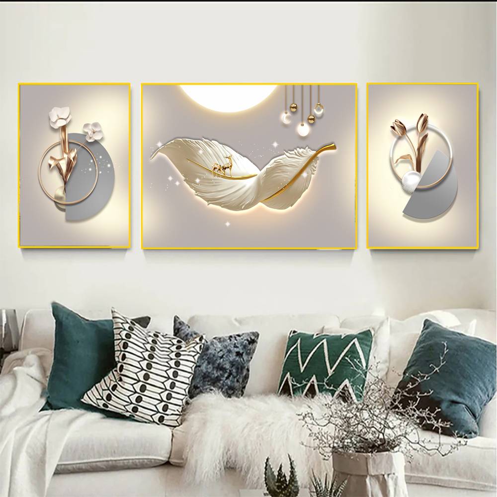 KT202晶瓷镶钻幸福羽毛现代新中式山水挂画客厅沙发背景墙挂画