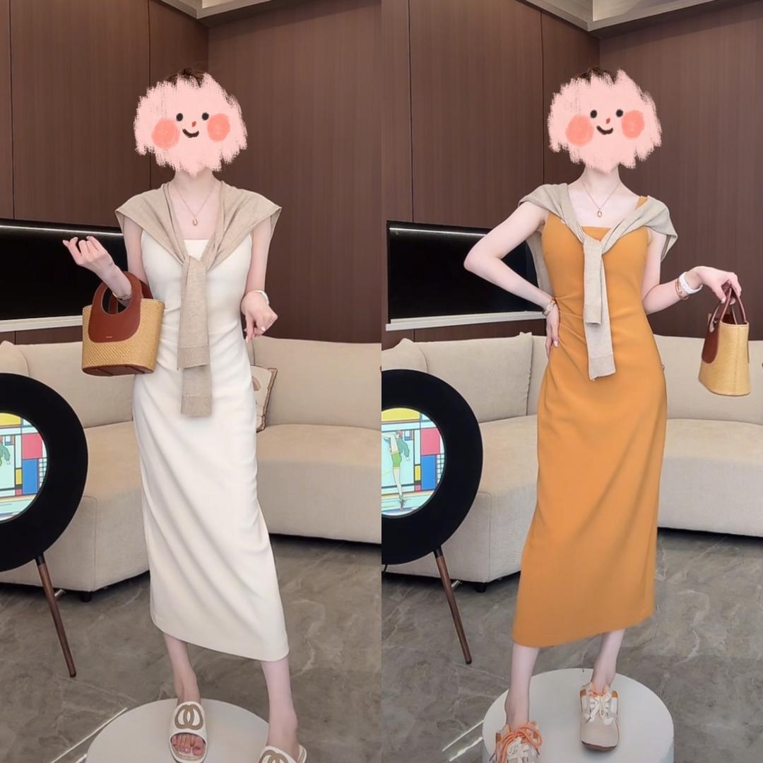 方领褶皱收腰吊带裙2025夏季新款设计感无袖修身显瘦连衣裙