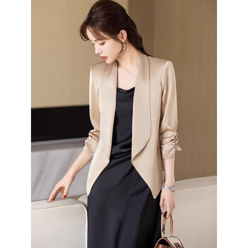 0677醋酸缎面西装女2025新款春夏薄款百搭七分袖小个子高级感西服
