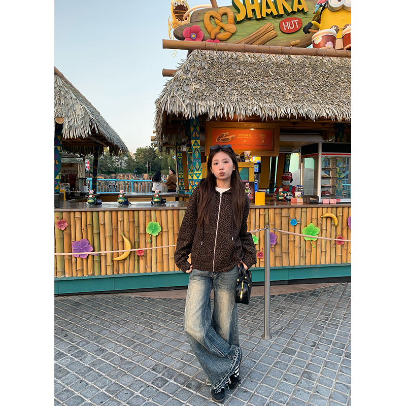 YOKLASS少女家【清清】咖色豹纹连帽卫衣 R38607S54