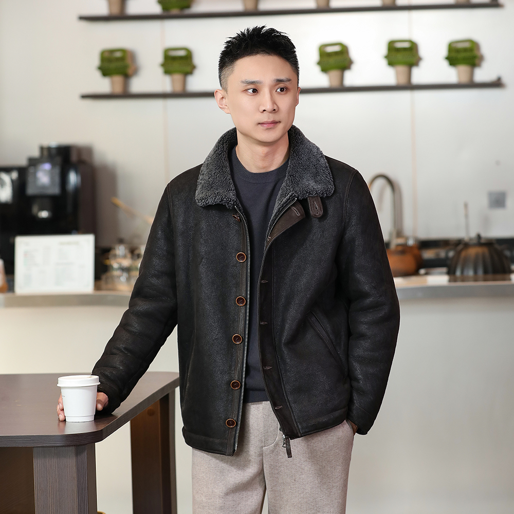 SHENGWEIYA/醇植浆染原生态皮毛一体男复古单排扣皮草外套厚SWY
