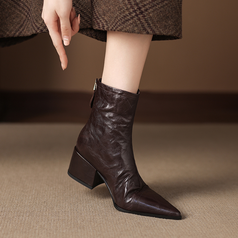 羊皮 5.5厘米 34-40  时尚时装尖头复古百搭秋冬瘦瘦靴靴子粗跟