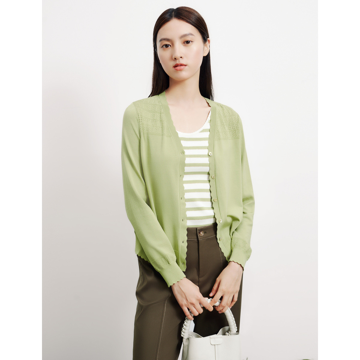 【CC专属】含桑蚕丝镂空设计花边针织开衫简约通勤针织衫外套