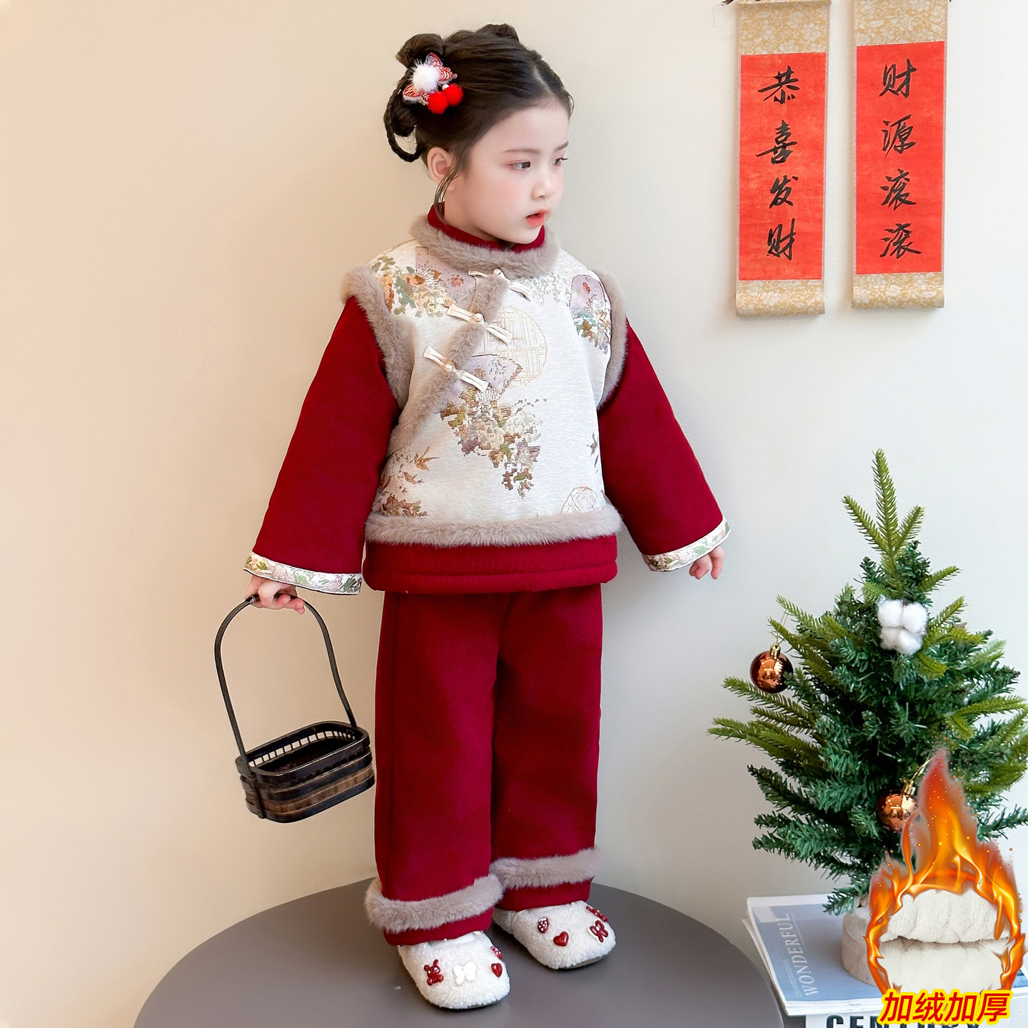 女童新中式国风汉服套装加绒加厚儿童女宝宝过年衣服新年拜年服冬