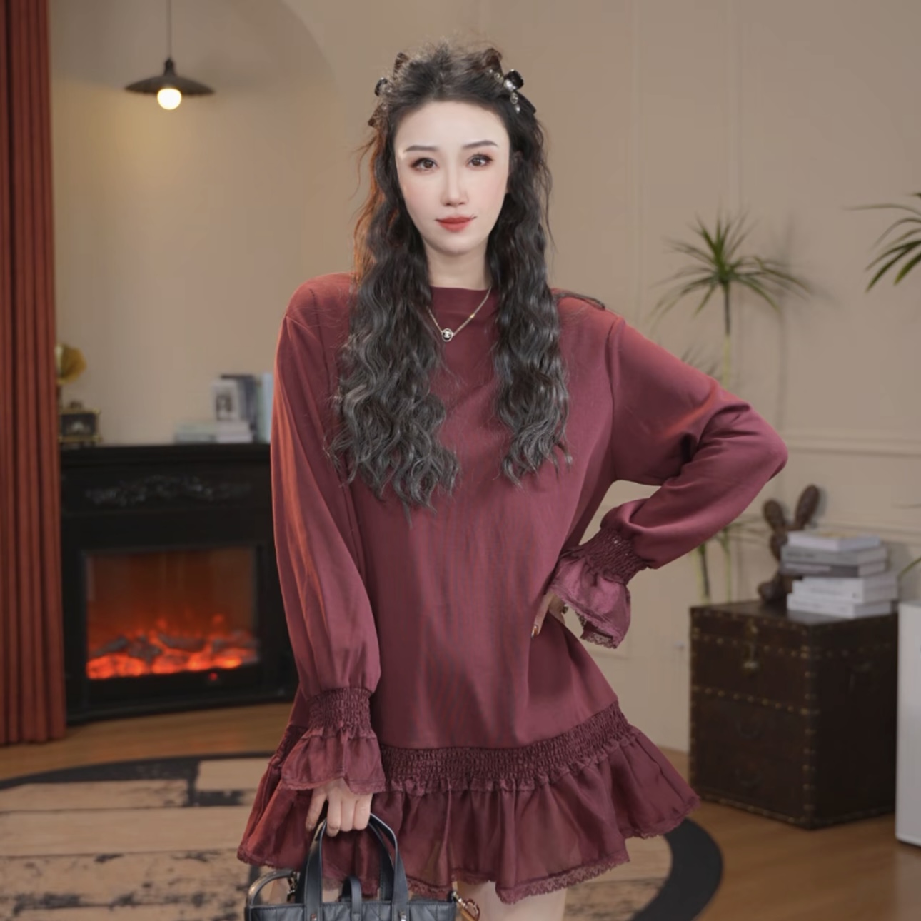 JR·雪姐·雪落松间-91217高级感宽松显瘦蕾丝拼接上衣