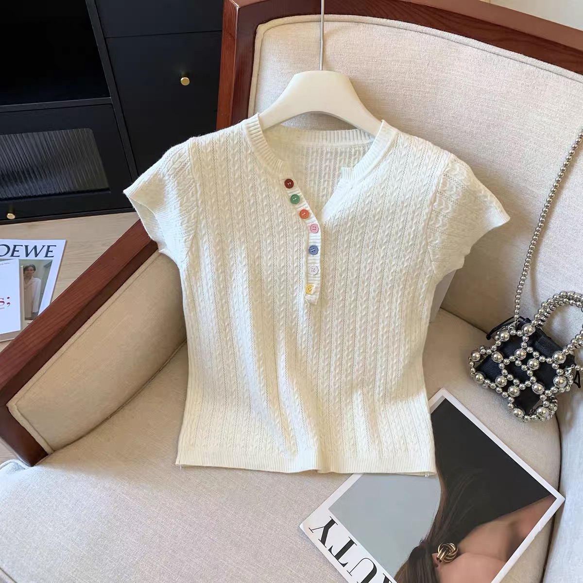 韩系彩色扣针织显瘦上衣女夏季新款百搭舒适外穿洋气短袖小衫