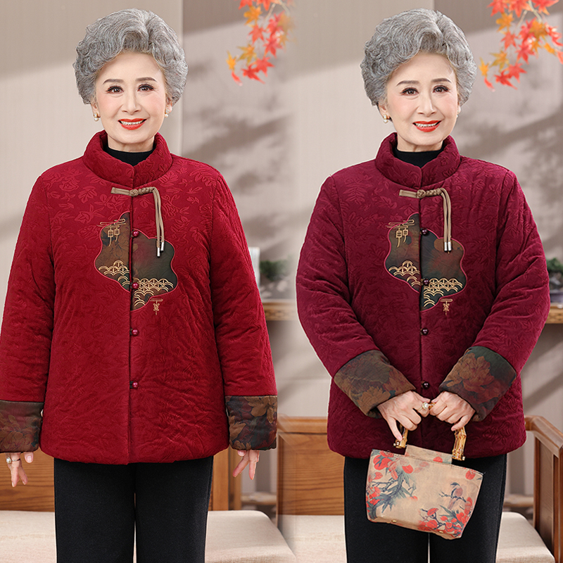 冬季喜庆红色奶奶棉服老人中老年妈妈装加绒加厚舒适妈妈冬装外套