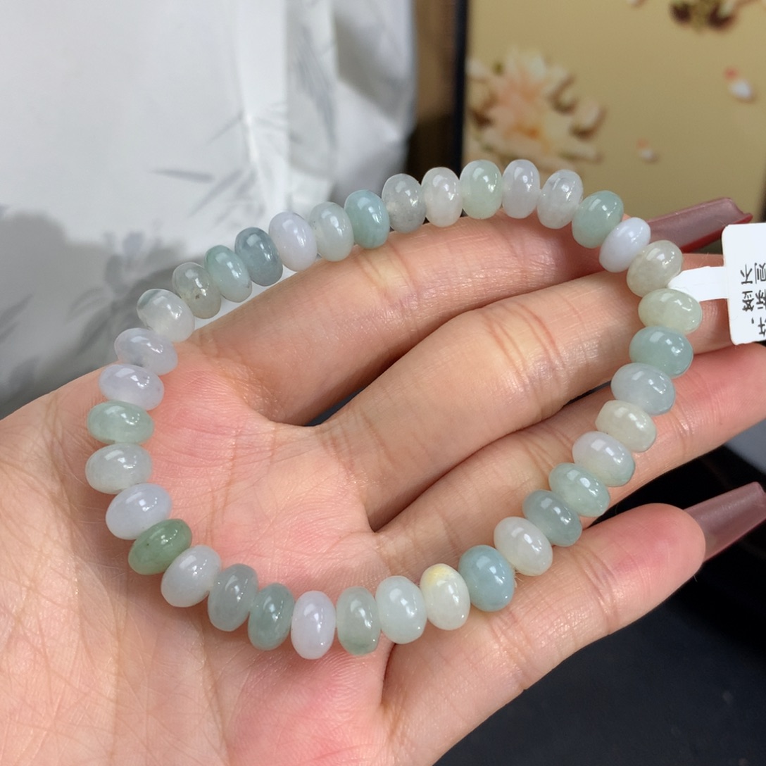 翡翠手链未镶嵌卡7.5胶润马卡龙鼓珠手串