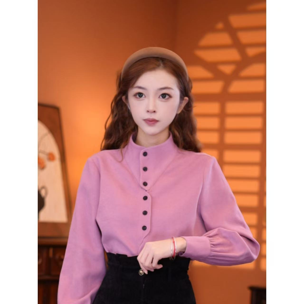 乐乐【粉色信封】港风复古气质长袖上衣03295