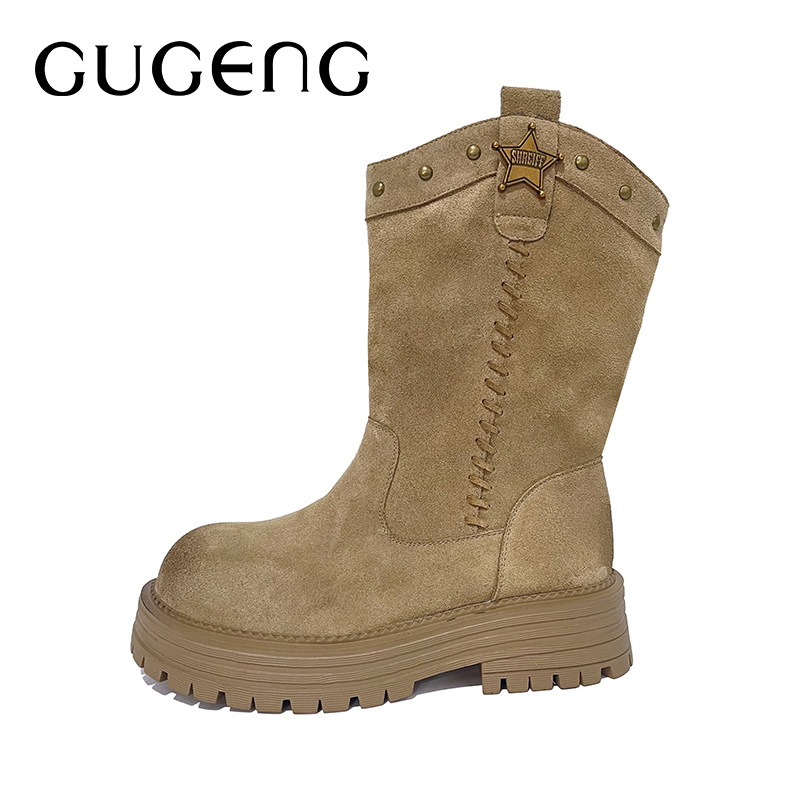 【D】古耕/GUGENG2025新款复古西部靴加绒堆堆靴女中筒靴650229