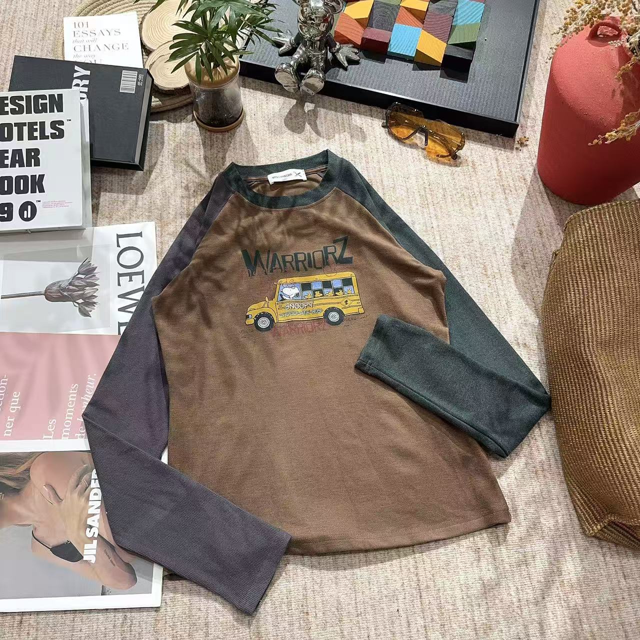 2025冬季新款时尚休闲卡通印花拼色打底长袖T恤5423