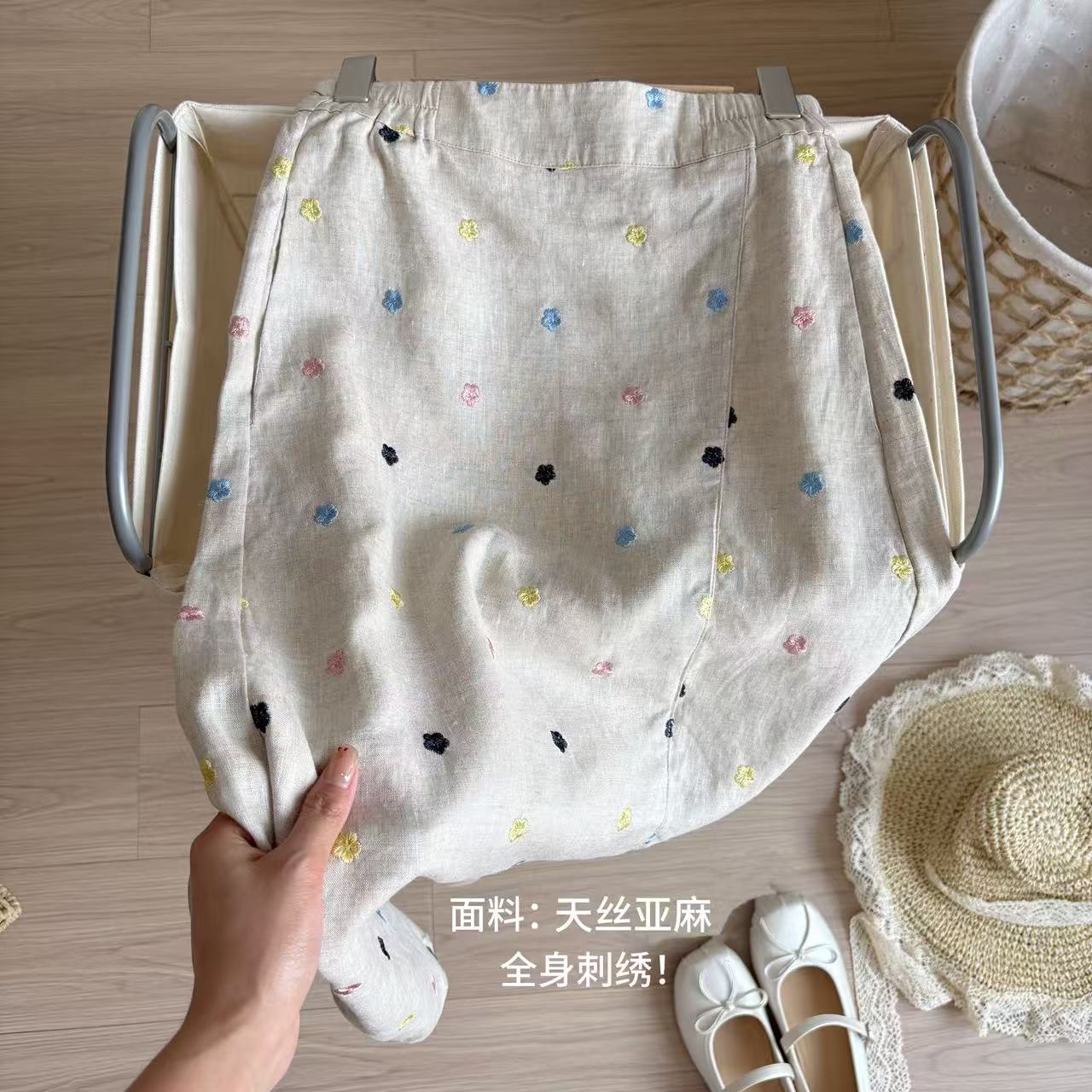 小柒家A00300-夏季新款麻本色刺绣花花半身裙休闲百搭天丝亚麻裙