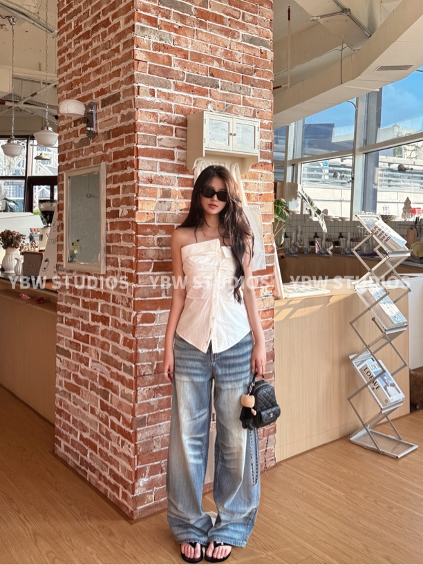 【YBW】An*米白色皱褶不规则衬衫式抹胸上衣