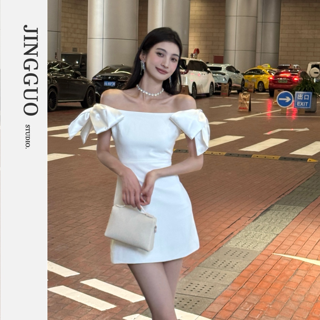 【JINGGUO轻奢】小众设计法式气质一字肩连衣裙高级感礼服裙7416