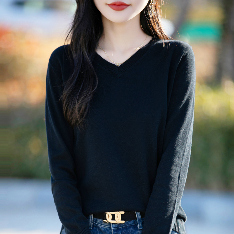 100%纯棉V领长袖针织衫春秋薄款打底衫毛衣显瘦百搭