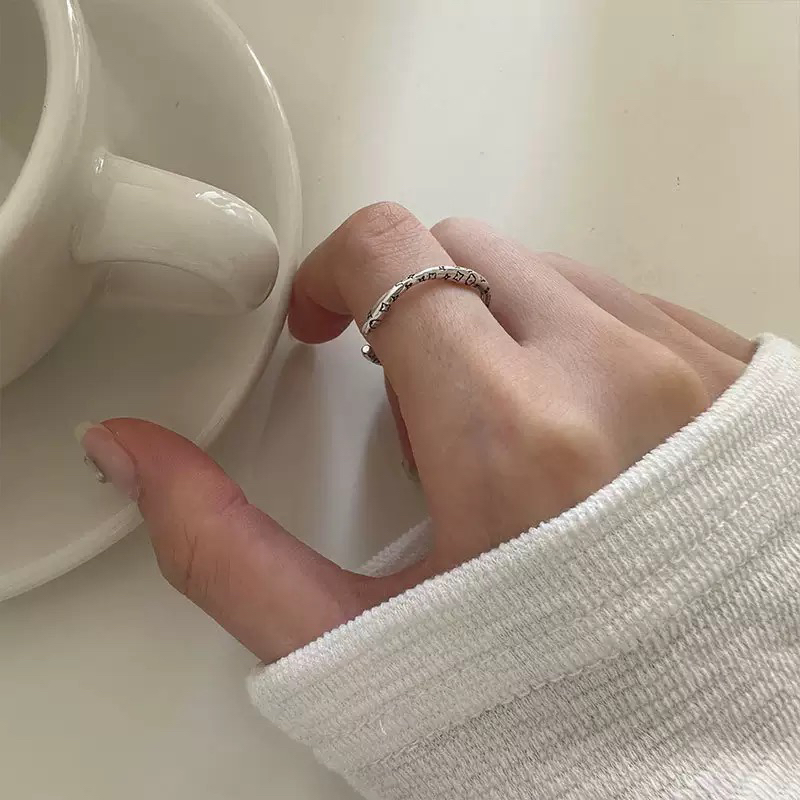 925银戒指 复古老花戒指女韩国ins个性做旧时尚潮流食指环简约