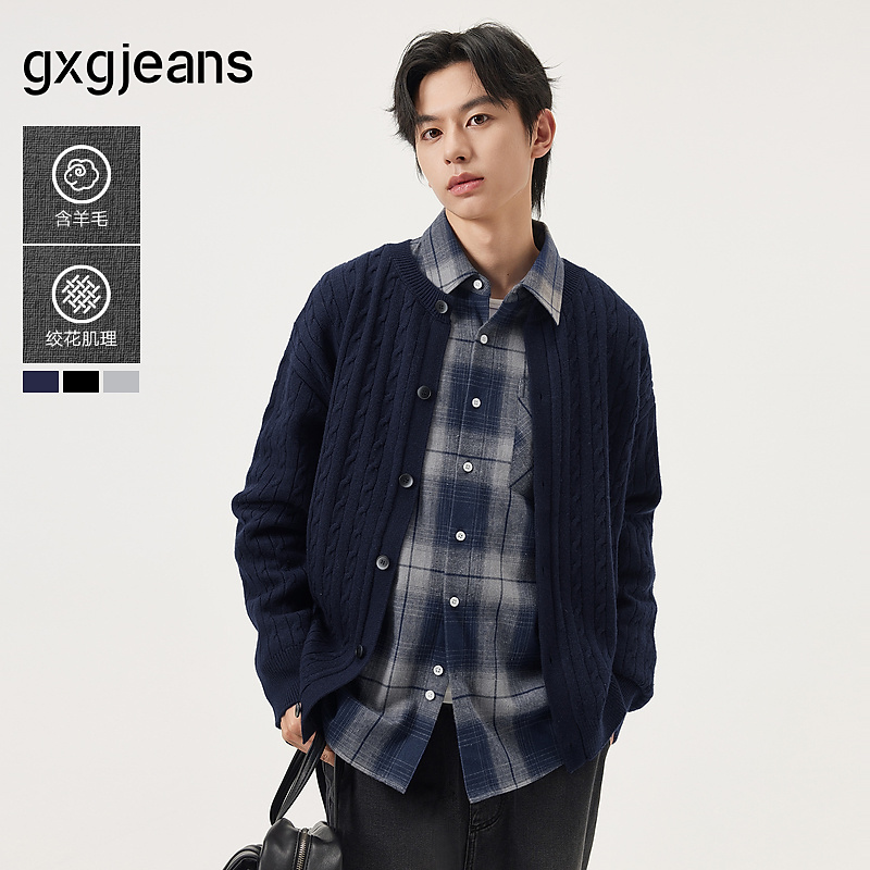 gxg.jeans男装 多色绞花毛衣含羊毛休闲保暖针织衫外套男25秋新品