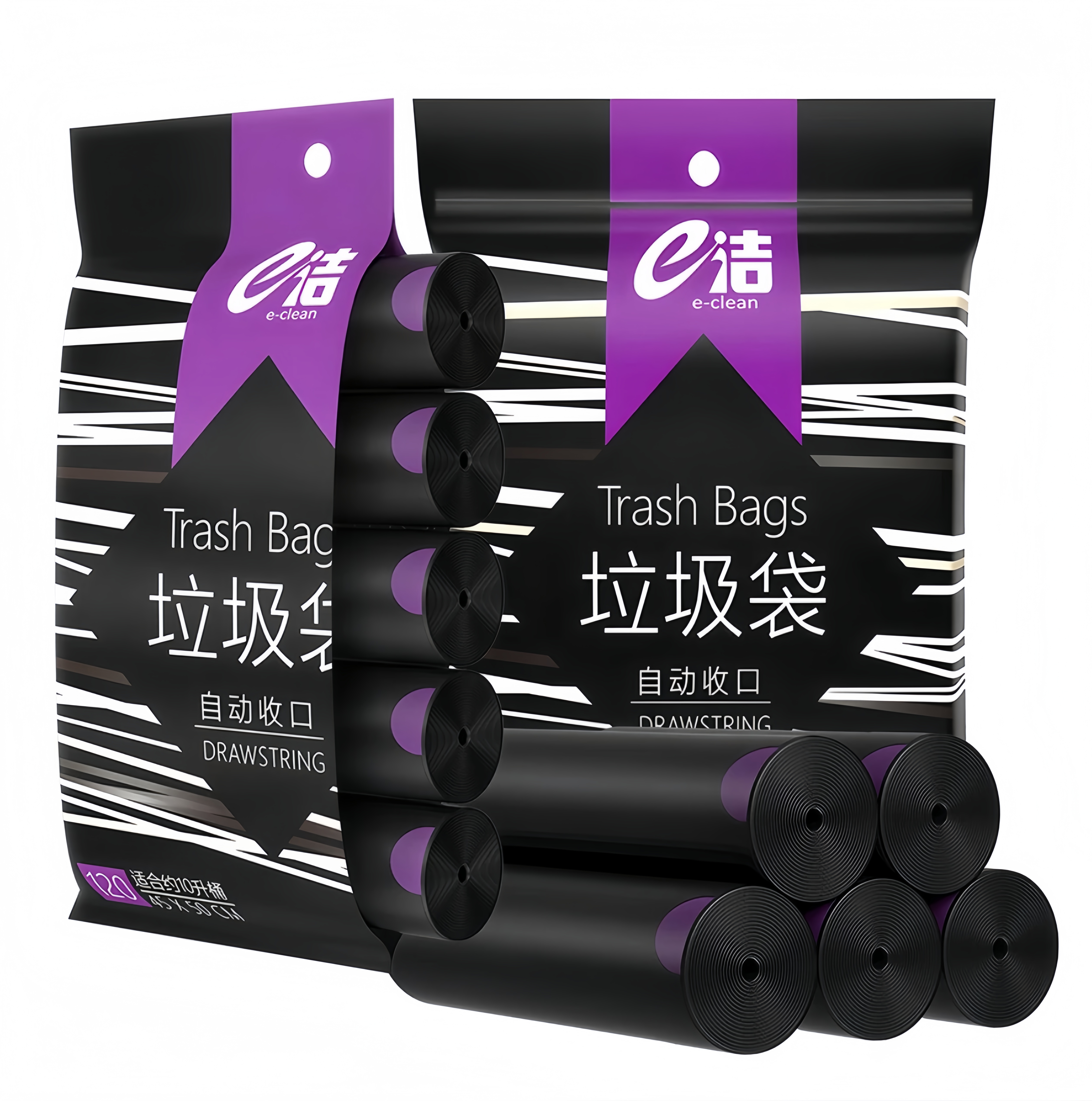 e洁免撕黑色垃圾袋手提式加厚大号家庭用不脏手一次性抽绳塑料袋