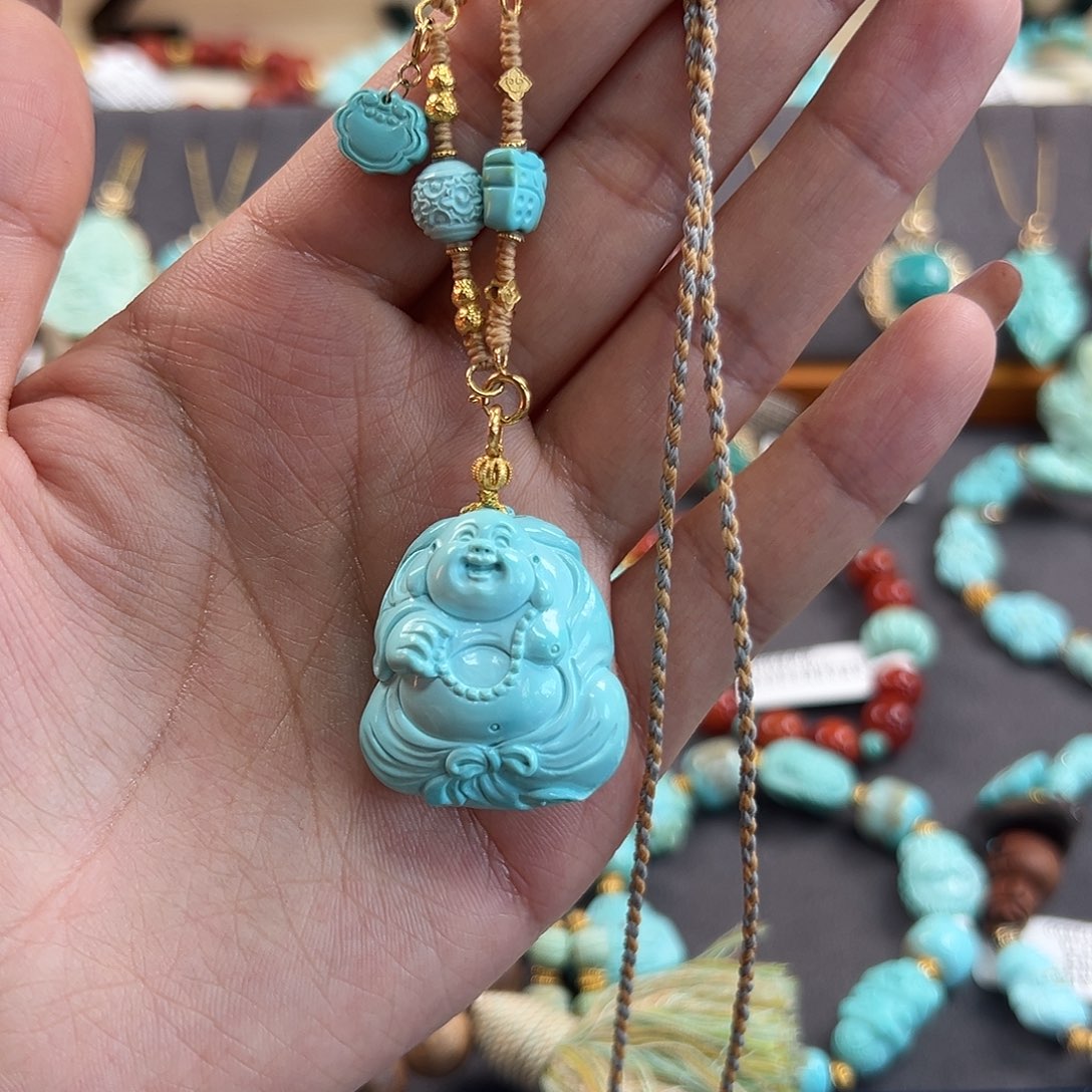 绿松石18K金镶嵌毛衣链弥勒佛毛衣链