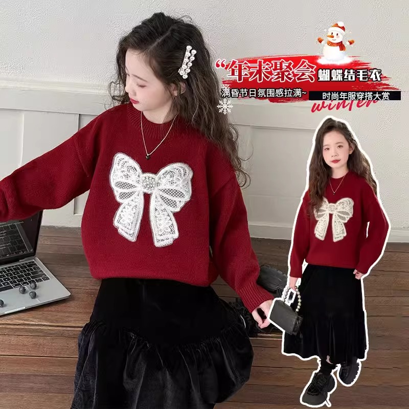 女童毛衣2025冬季新款女大童红色喜庆套头洋气拜年服加厚针织衫潮
